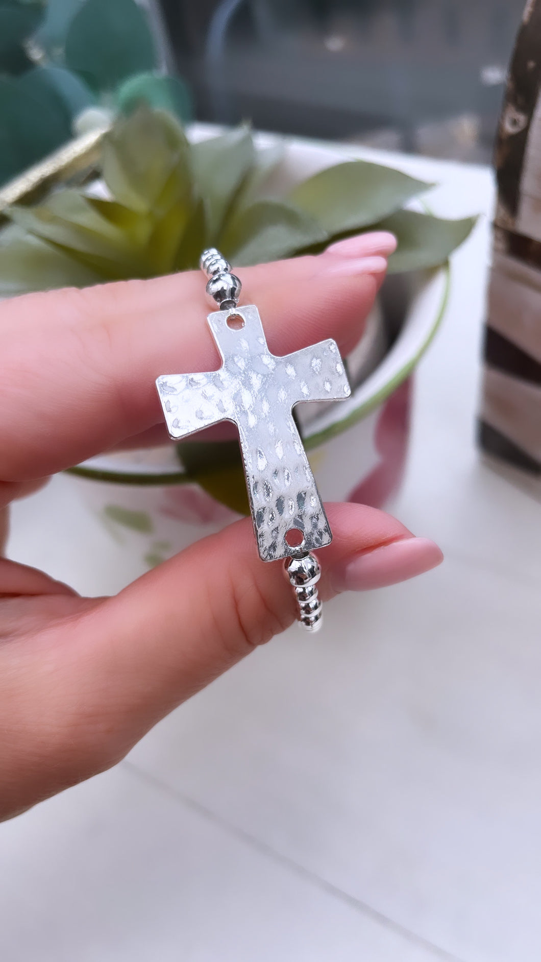 Hammered Large Chunky Cross Stacker Bracelet
